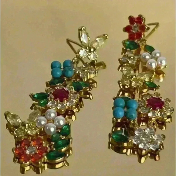 2 inch long drop earrings 18k over sterling silver with amazing crystal stones🌸 - Picture 1 of 4